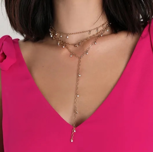 LuLus Gold Rhinestone Layered Necklace, NWOT fairycore delicate Ren faire - Picture 6 of 13